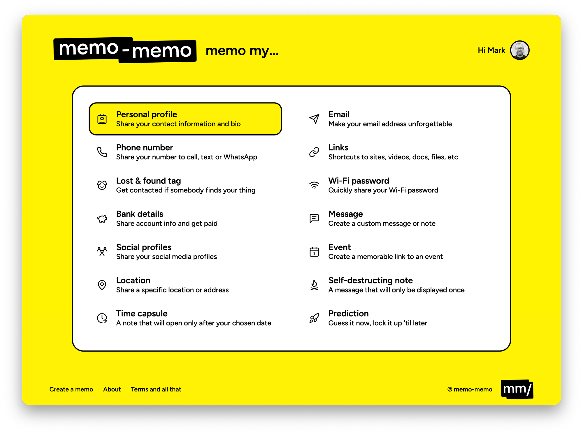 Screenshot of memo types